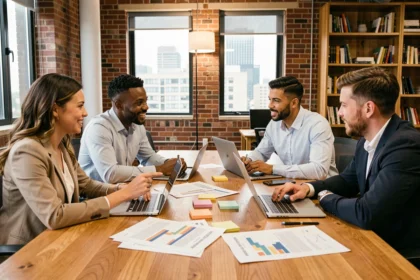 Équipe de professionnels collaborant autour d'une table de réunion avec documents et ordinateurs portables dans un bureau moderne
