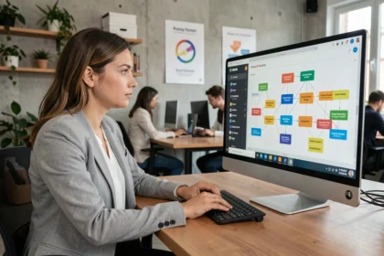 Une professionnelle du marketing analyse un workflow de marketing automation sur son écran d'ordinateur dans un bureau moderne