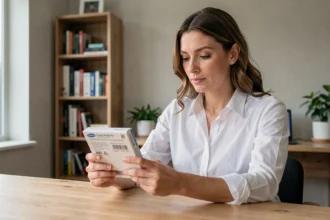 Femme consultant une boîte de médicaments pour trouver son numéro CIP à domicile