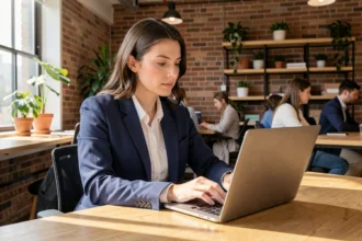 Femme professionnelle composant une campagne d'e-mail marketing sur son ordinateur portable dans un bureau moderne