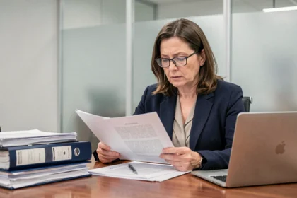 Femme juriste examinant des documents légaux liés à la loi 19 dans une salle de réunion institutionnelle