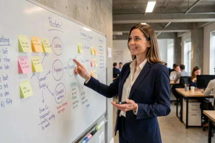 Femme professionnelle expliquant les 3 P du marketing devant un tableau blanc en entreprise