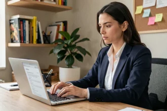 Femme en blazer marine cherchant un emploi sur son ordinateur portable dans un bureau à domicile organisé