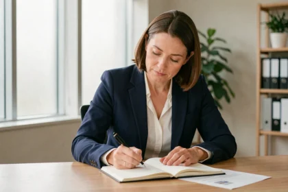 Femme professionnelle rédigeant une demande formelle dans un bureau moderne avec un carnet et des documents
