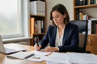 Femme professionnelle rédigeant une lettre officielle de changement d'adresse à son bureau à domicile
