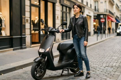 Femme à côté d'un scooter électrique élégant dans une rue parisienne pavée