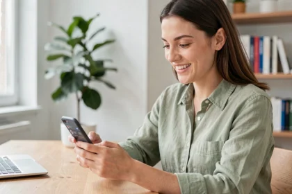 Jeune femme consultant ses statistiques de réseaux sociaux sur smartphone dans un bureau moderne et lumineux