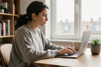 Femme en télétravail tapant sur son ordinateur portable dans un bureau à domicile confortable