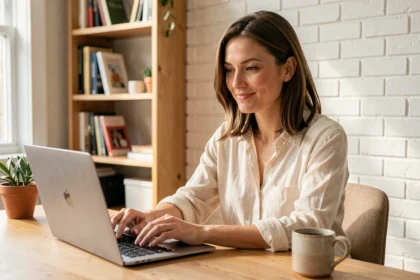 Femme en télétravail concentrée sur son ordinateur portable dans un bureau à domicile chaleureux et lumineux