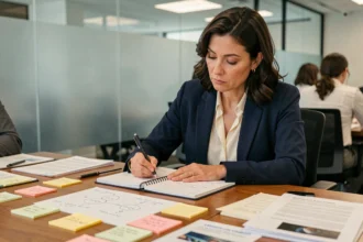 Femme cadre en réunion formulant un besoin par écrit sur un carnet entouré de post-its et de documents