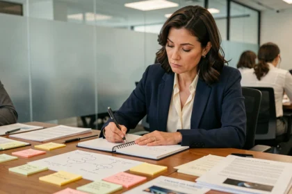 Femme cadre en réunion formulant un besoin par écrit sur un carnet entouré de post-its et de documents