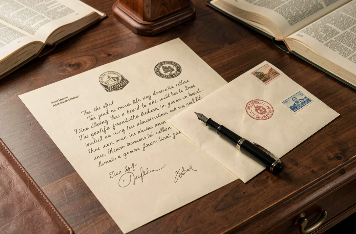 Gros plan d'une lettre officielle manuscrite et d'une enveloppe timbrée pour un changement d'adresse administratif