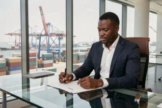 Homme d'affaires africain dans un bureau de zone franche avec vue sur un port de commerce international