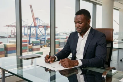 Homme d'affaires africain dans un bureau de zone franche avec vue sur un port de commerce international