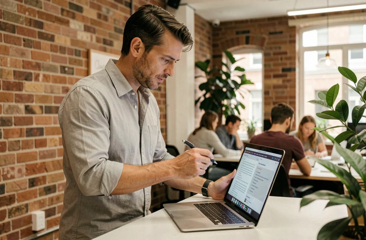 Homme en coworking analysant une demande écrite sur son ordinateur portable avec concentration