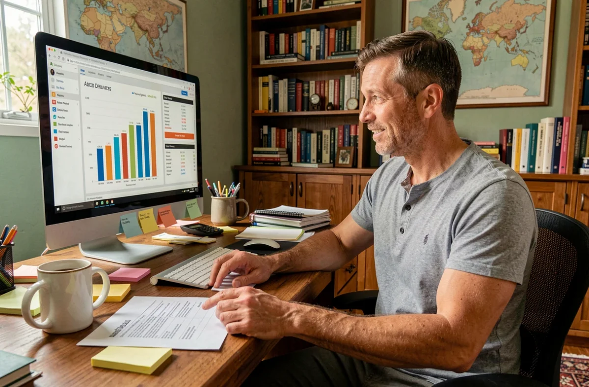 Homme analysant les statistiques d'une campagne d'e-mail marketing depuis son bureau à domicile