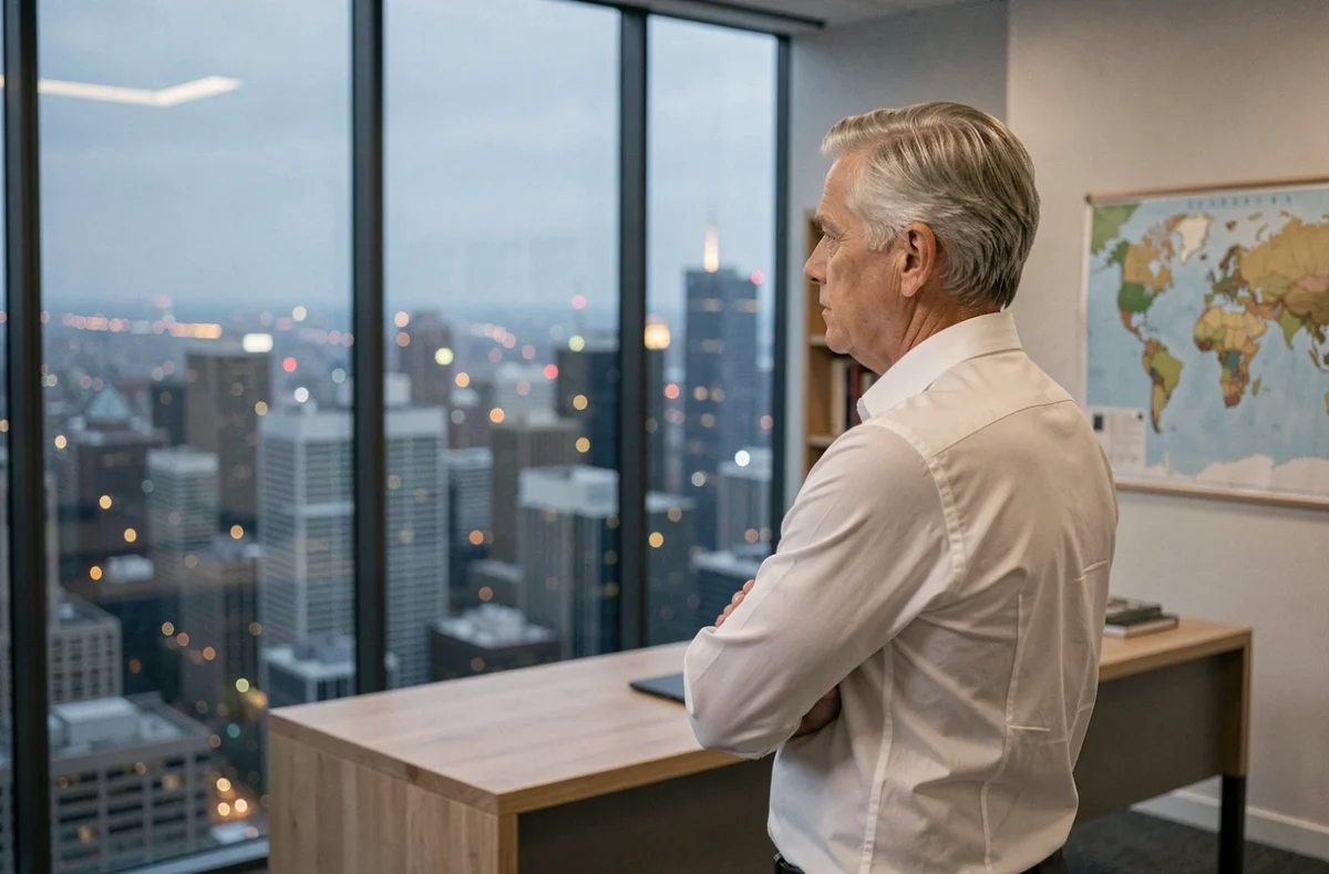 Homme d'affaires puissant contemplant une métropole depuis un bureau vitré en hauteur, symbole du pouvoir et de la gouvernance mondiale