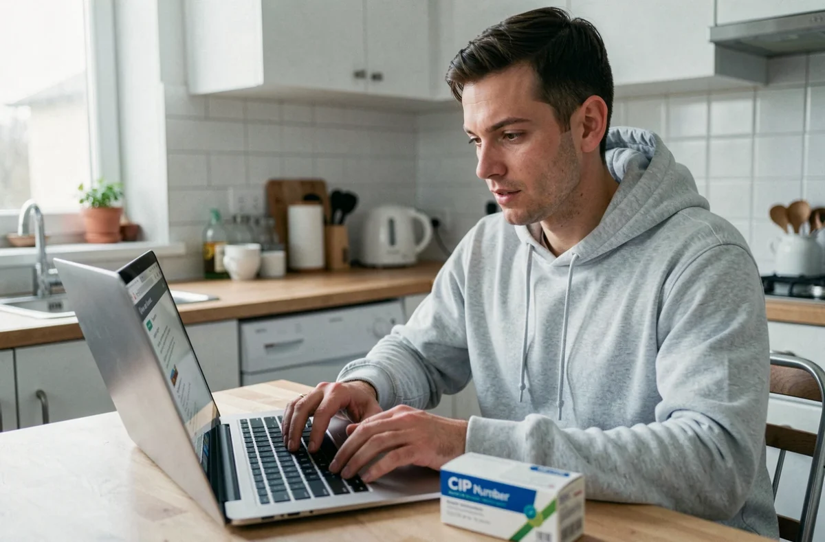 Homme recherchant son numéro CIP en ligne depuis son domicile avec une boîte de médicaments