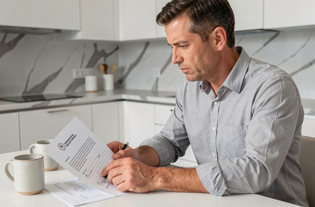Homme consultant un formulaire officiel de changement d'adresse à une table de cuisine moderne