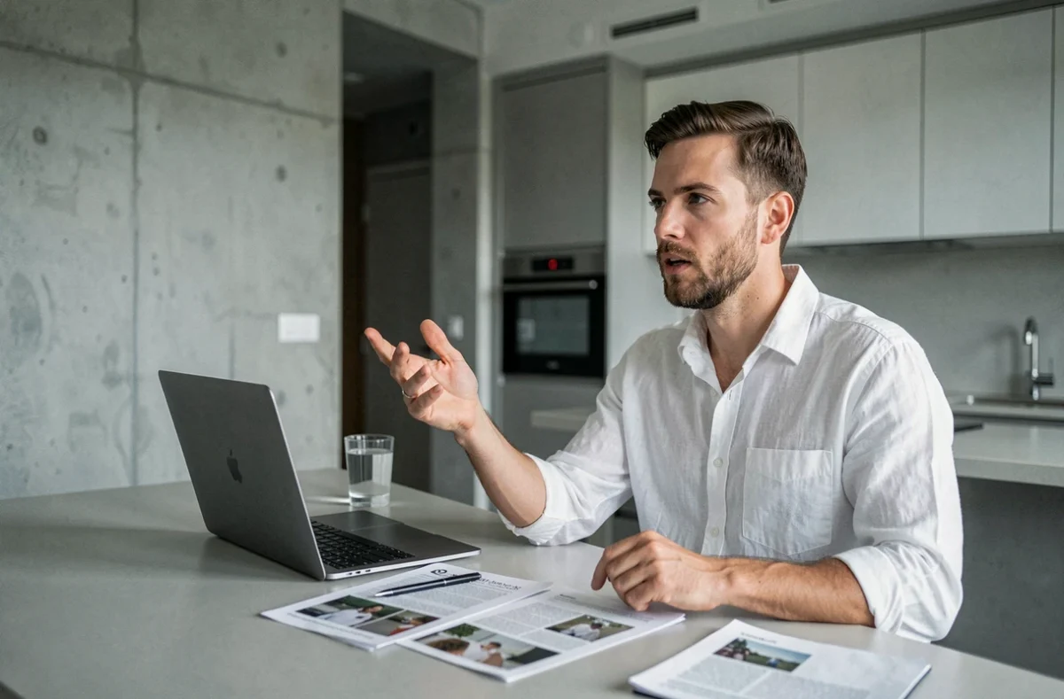Homme en réunion vidéo en télétravail depuis son appartement moderne avec ordinateur et documents