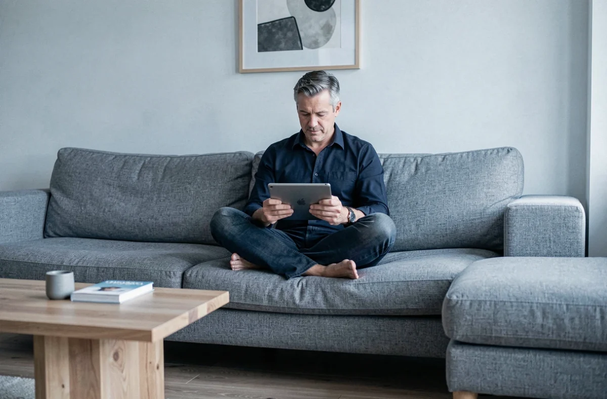 Homme en réunion vidéo en télétravail depuis son salon, assis confortablement sur un canapé avec une tablette