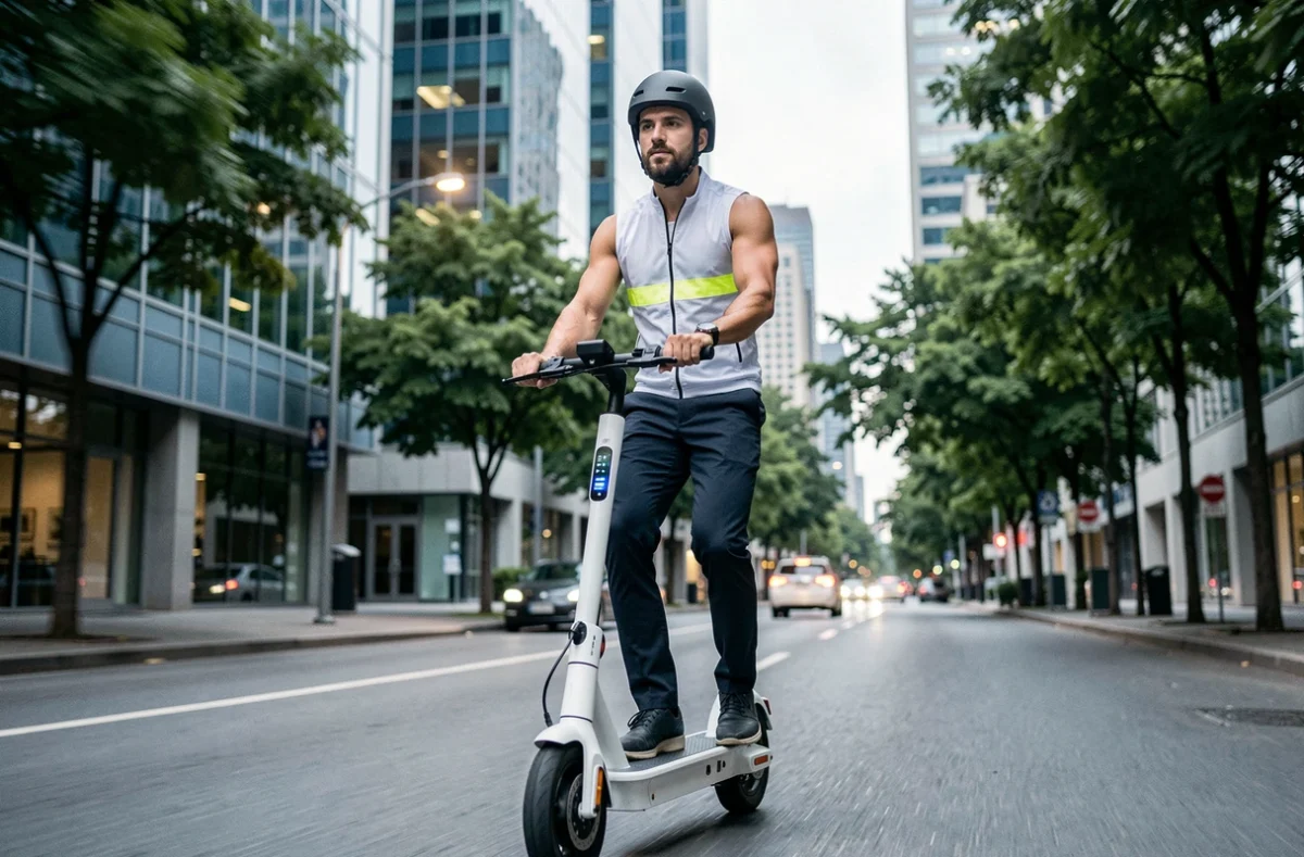 Homme en train de conduire un scooter électrique blanc dans un quartier d'affaires moderne