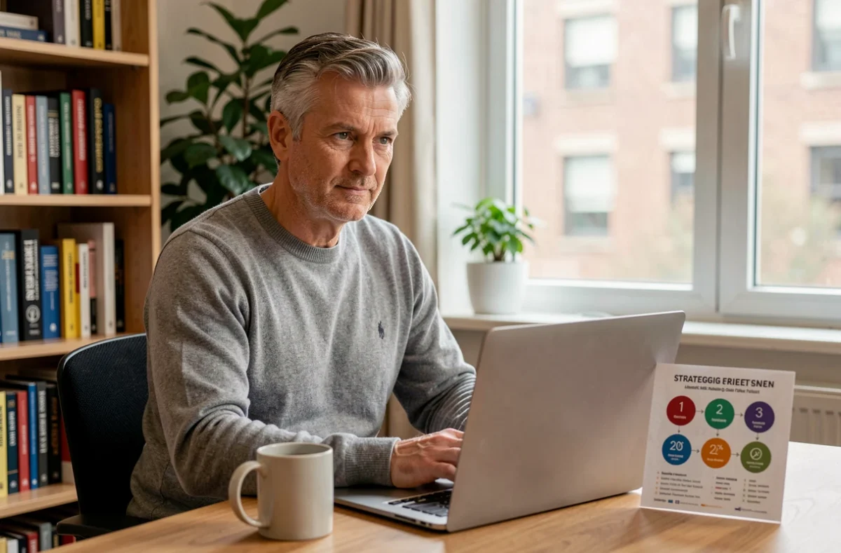 Homme en télétravail travaillant sur une stratégie marketing avec les 3 piliers sur laptop
