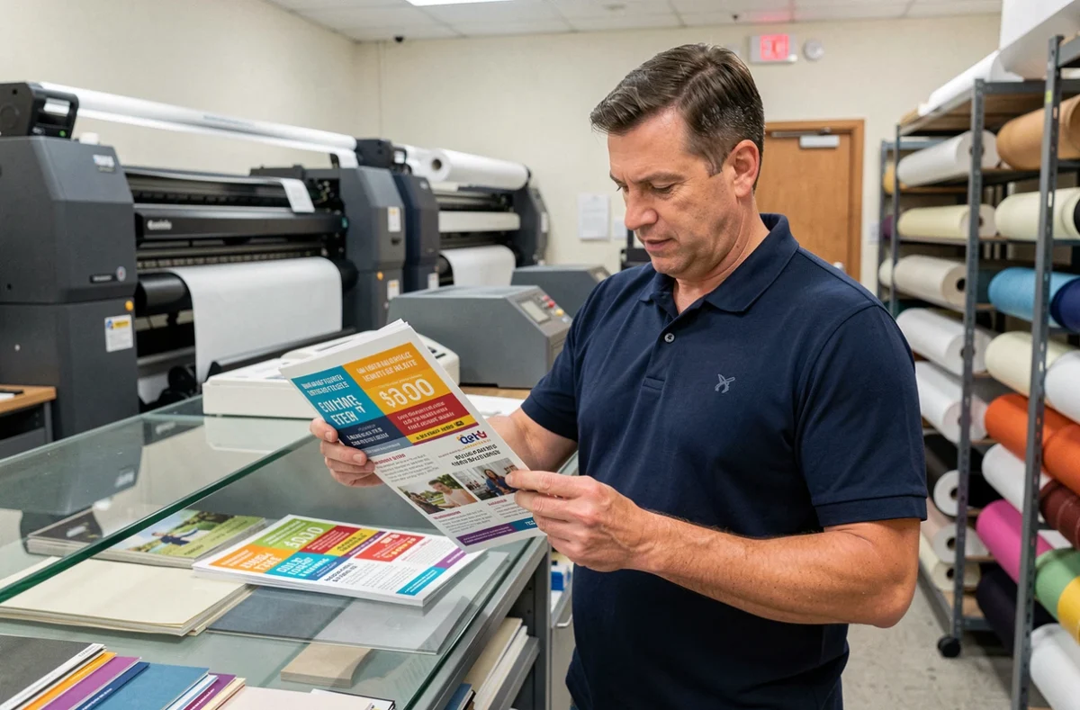 Homme inspectant des flyers imprimés professionnellement dans une imprimerie moderne