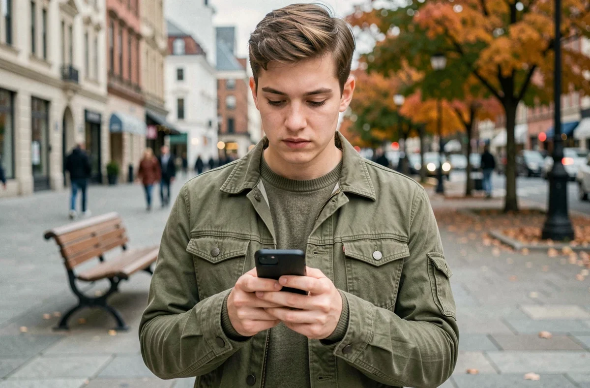 Jeune adulte consultant des offres d'emploi sur smartphone dans une place urbaine en automne