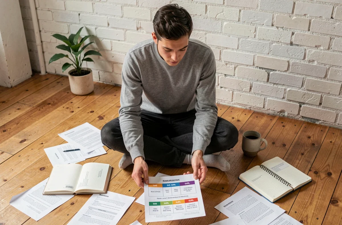 Jeune entrepreneur étudiant les différents statuts juridiques pour créer sa startup entouré de documents comparatifs sur le sol