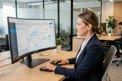 Professionnelle RH utilisant un logiciel de gestion des ressources humaines sur un grand écran dans un bureau moderne