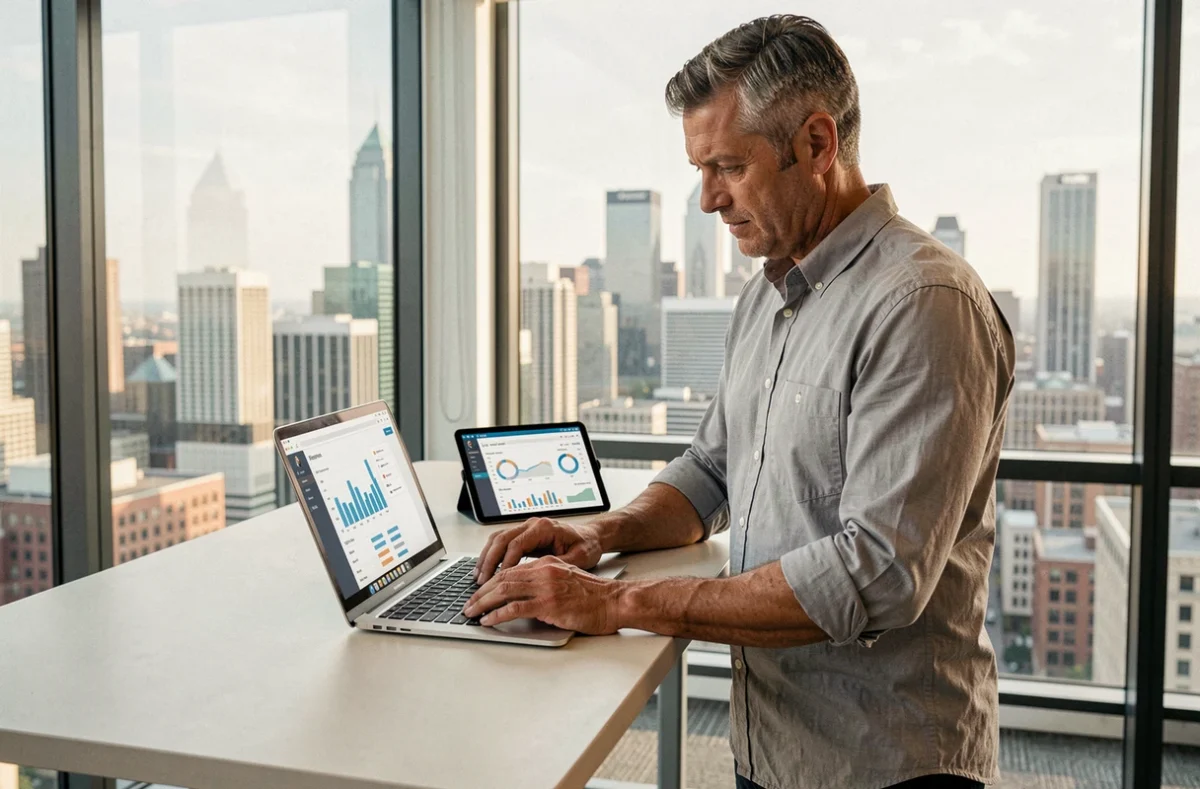 Manager RH consultant un logiciel SIRH sur ordinateur portable dans un bureau vitré avec vue sur la ville
