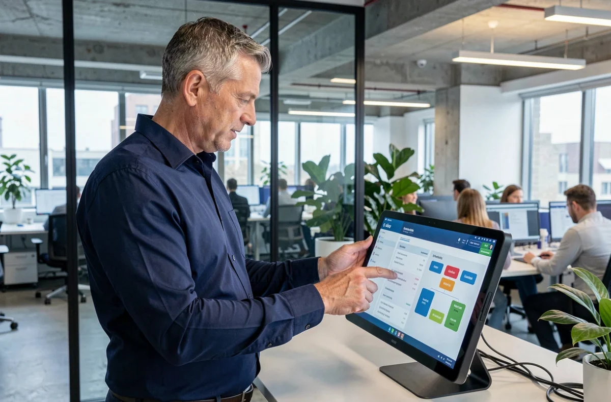 Manager utilisant une tablette avec un système d'information RH dans une salle de réunion vitrée