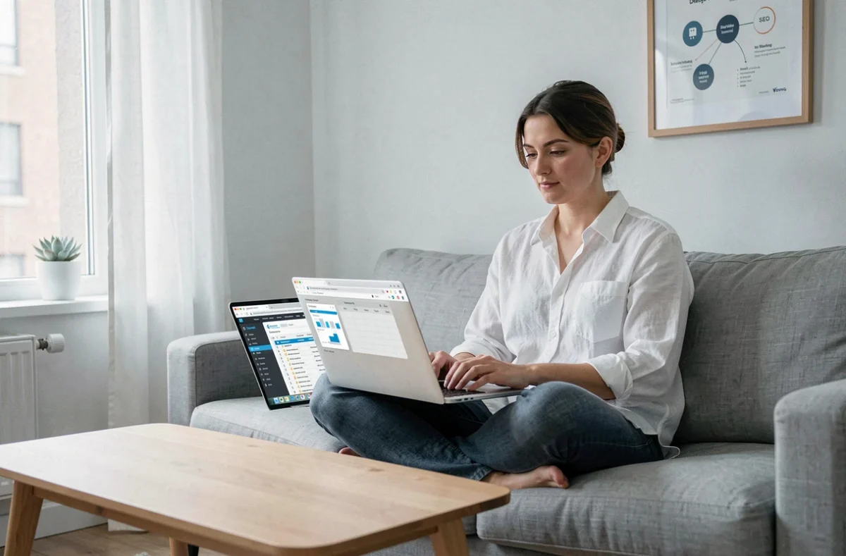 Personne travaillant seule sur des outils de marketing numérique depuis son salon dans un appartement minimaliste