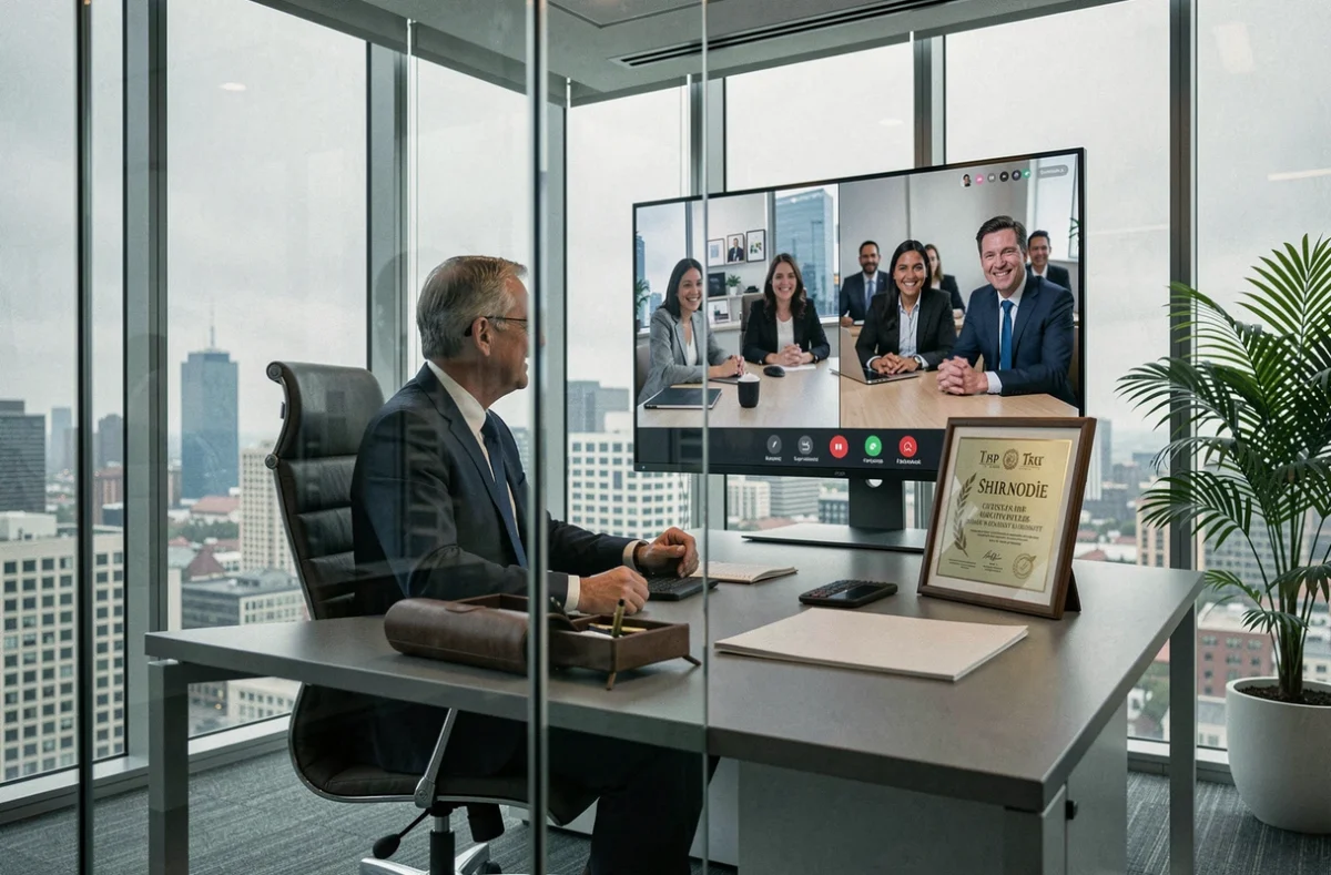 Un dirigeant s'attribuant le mérite du travail de son équipe lors d'un appel vidéo dans un bureau directorial vitré, symbole du mauvais leadership