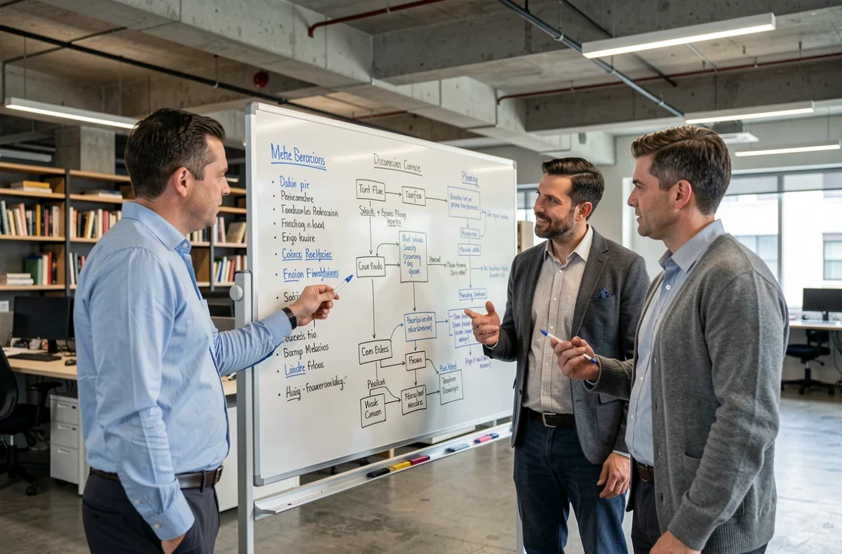Équipe professionnelle analysant une méthode de formulation du besoin autour d'un tableau blanc en open space