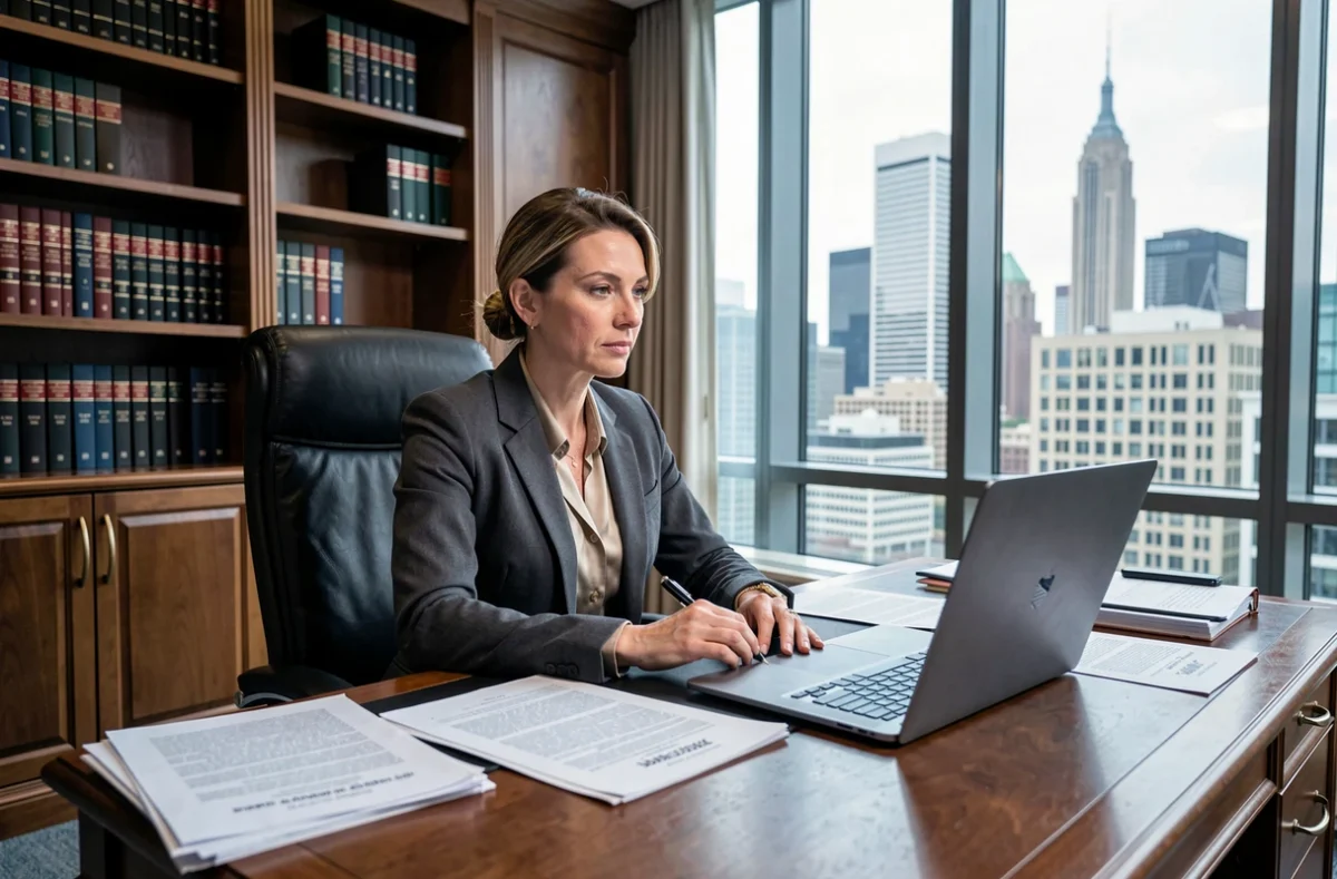 Avocate d'affaires concentrée dans un cabinet juridique luxueux avec vue sur la ville, illustrant les professions juridiques parmi les mieux payées au monde