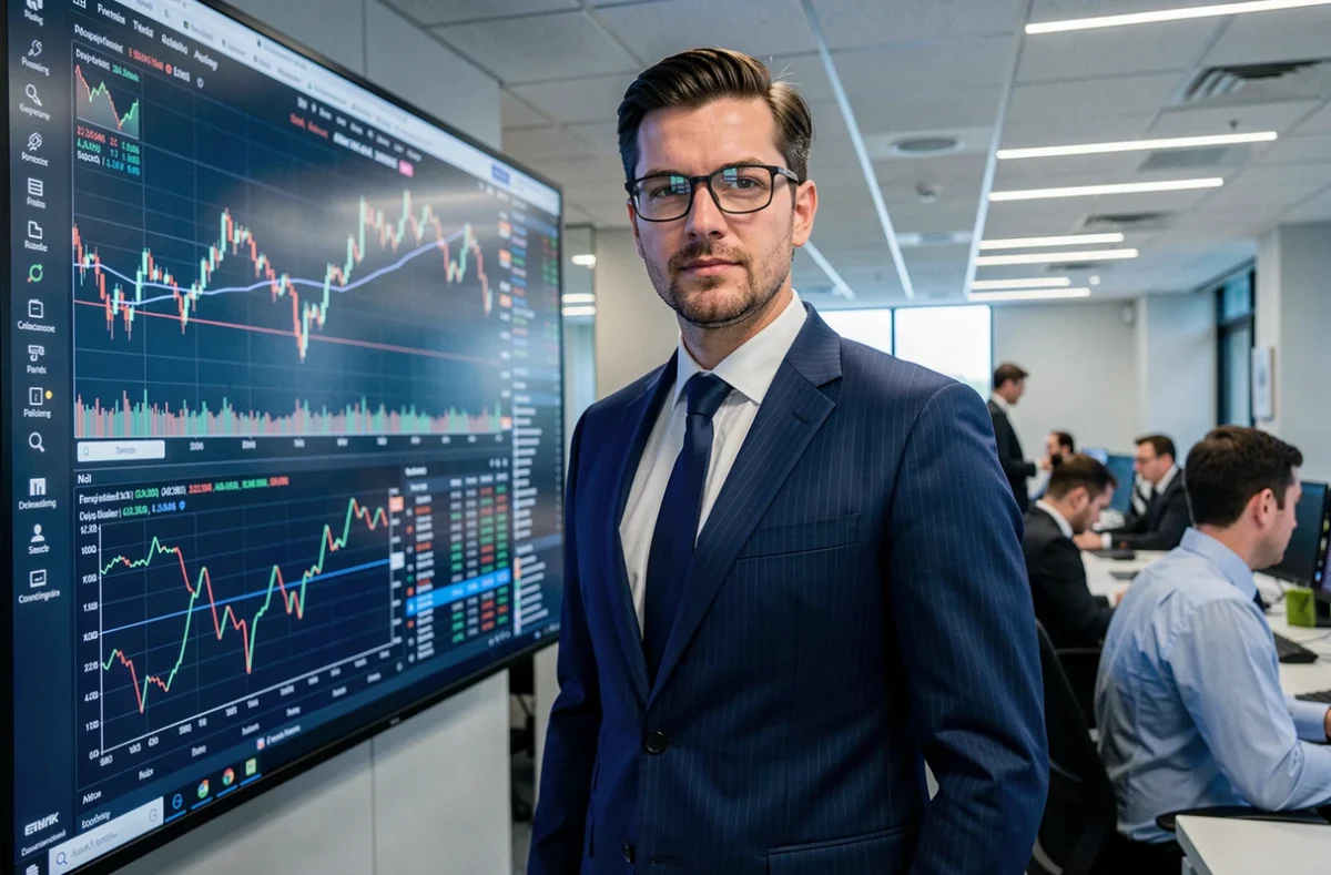 Banquier d'investissement devant un écran de trading financier dans une salle de marchés moderne, symbolisant les métiers les mieux rémunérés dans la finance mondiale