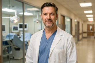 Chirurgien neurochirurgien en blouse blanche dans un couloir d'hôpital moderne, représentant l'un des métiers les mieux rémunérés au monde