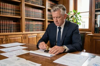 Notaire pressant un sceau officiel sur un document certifié dans son étude notariale