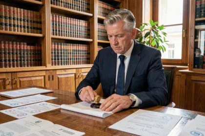 Notaire pressant un sceau officiel sur un document certifié dans son étude notariale