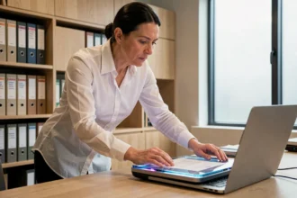Femme numérisant des documents papier dans un bureau moderne avec un scanner connecté à un ordinateur portable