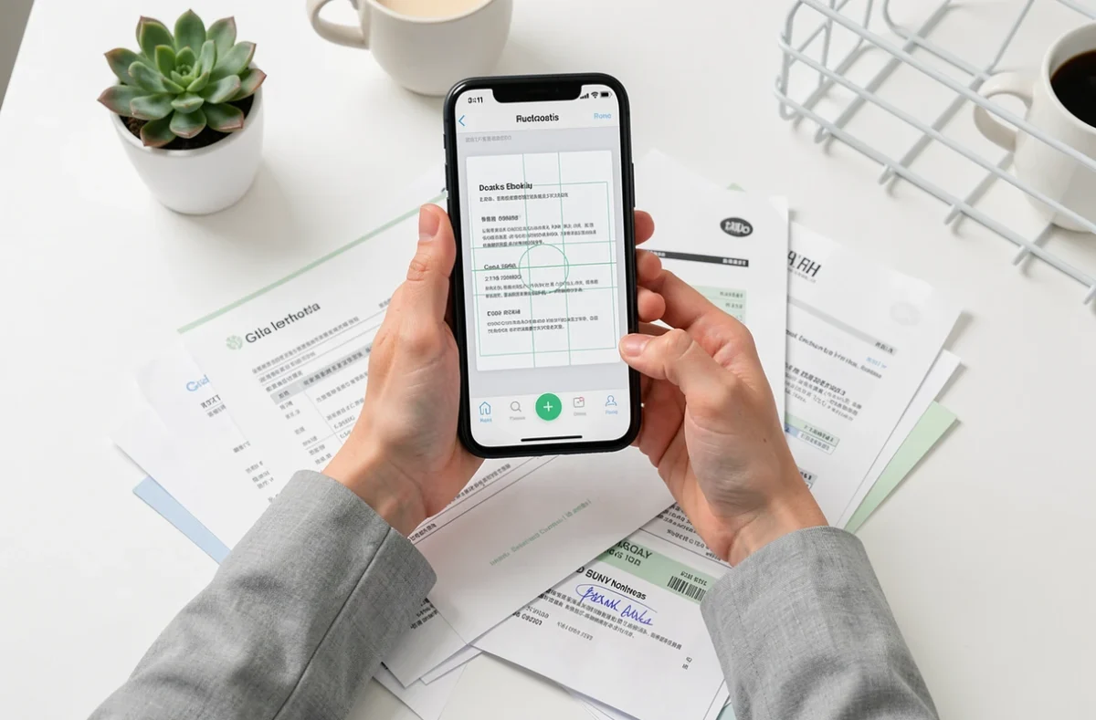 Mains tenant un smartphone pour numériser des documents papier et reçus sur un bureau minimaliste blanc