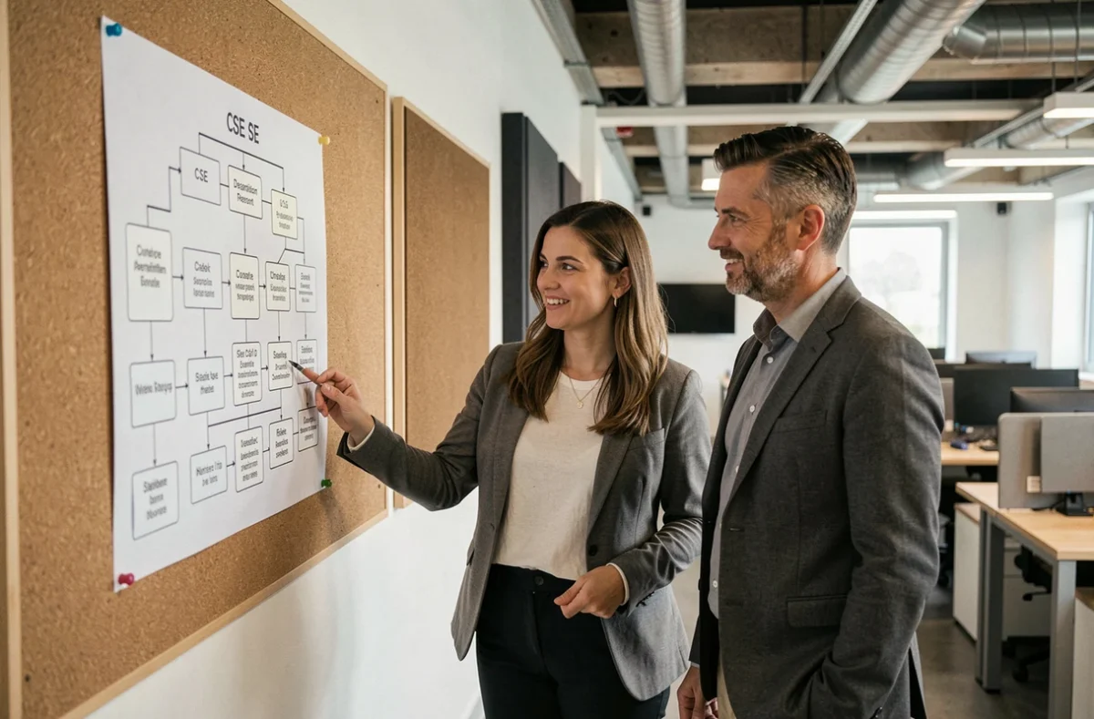 Deux collègues examinant un organigramme du Comité Social et Économique affiché dans un couloir de bureau moderne, illustrant la nouvelle organisation du CSE en remplacement du CHSCT