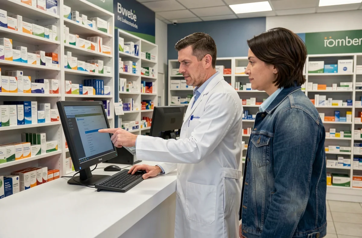 Pharmacien aidant un client à identifier son numéro CIP en officine