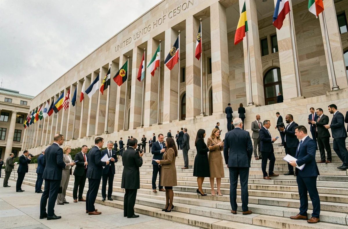 Place extérieure devant un bâtiment institutionnel international avec des diplomates et journalistes, drapeaux de nations du monde entier