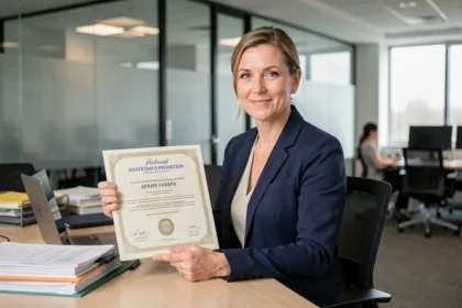 Professionnelle tenant un document de labellisation officiel avec sceau embossé dans un bureau moderne