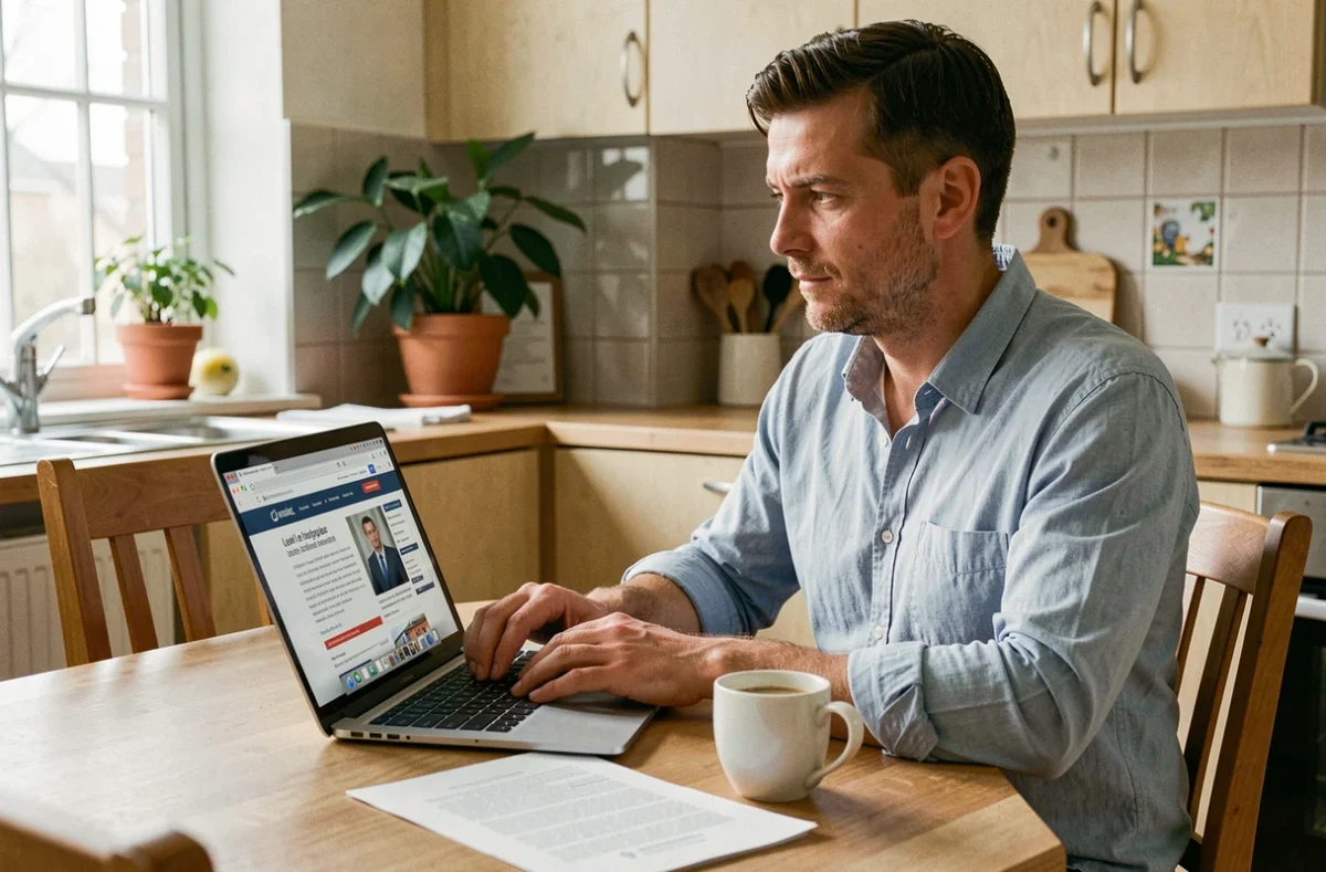 Homme recherchant des informations sur le droit du travail en ligne depuis son domicile