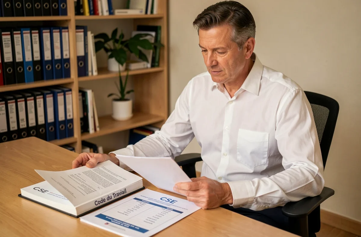 Représentant du personnel consultant le Code du Travail et les documents relatifs au CSE, successeur du CHSCT, dans un bureau professionnel