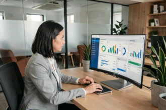 Responsable RH utilisant un logiciel SIRH sur un grand écran dans un bureau moderne